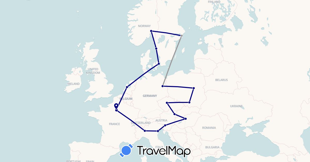 TravelMap itinerary: driving, plane in Austria, Czech Republic, Germany, Denmark, France, Hungary, Italy, Netherlands, Norway, Poland, Sweden, Slovenia (Europe)